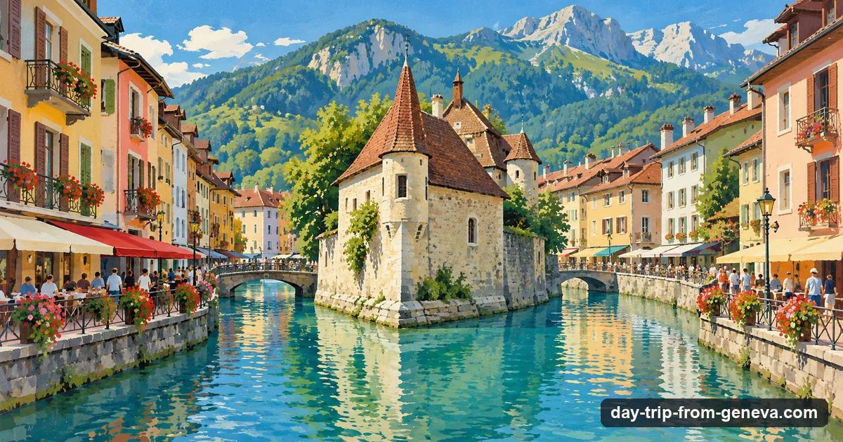 Illustration: a turquoise canal through Annecy's old town with pastel houses, flower boxes and the island building of the Palais de l'Isle