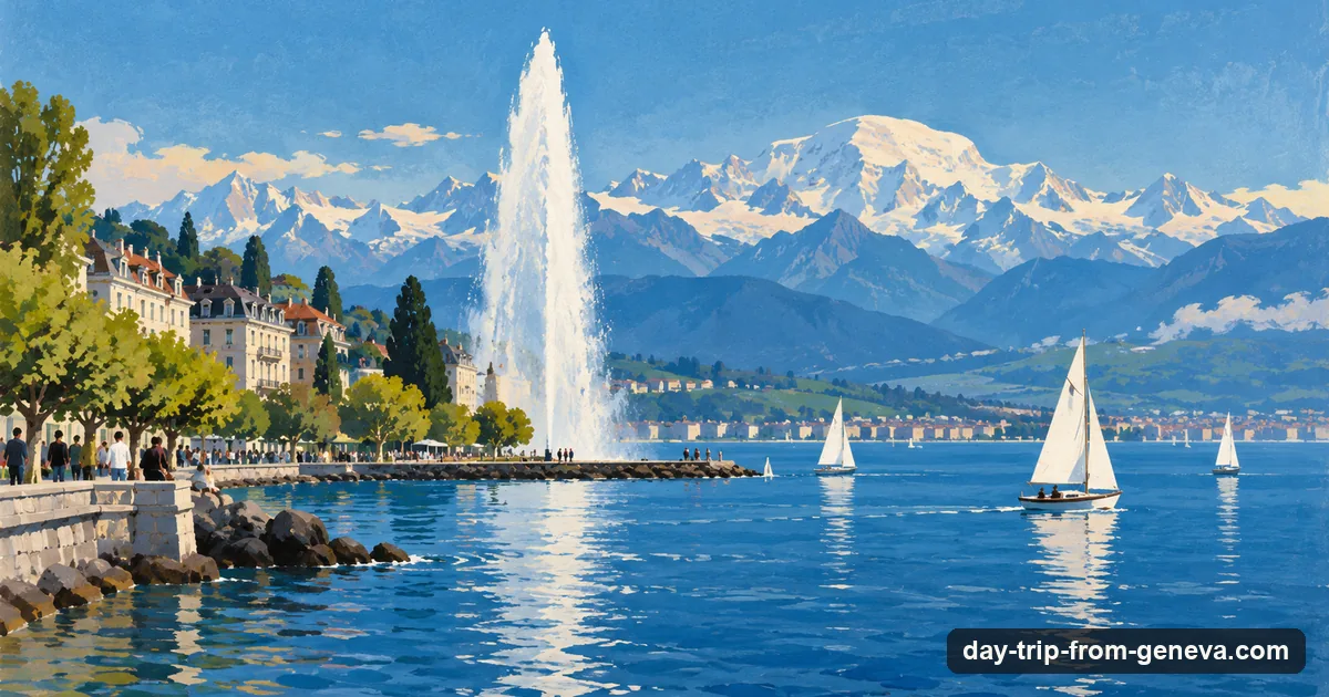 Illustration: Geneva's lakefront with the Jet d'Eau fountain and sailboats, and the snow-capped Alps with Mont Blanc on the horizon