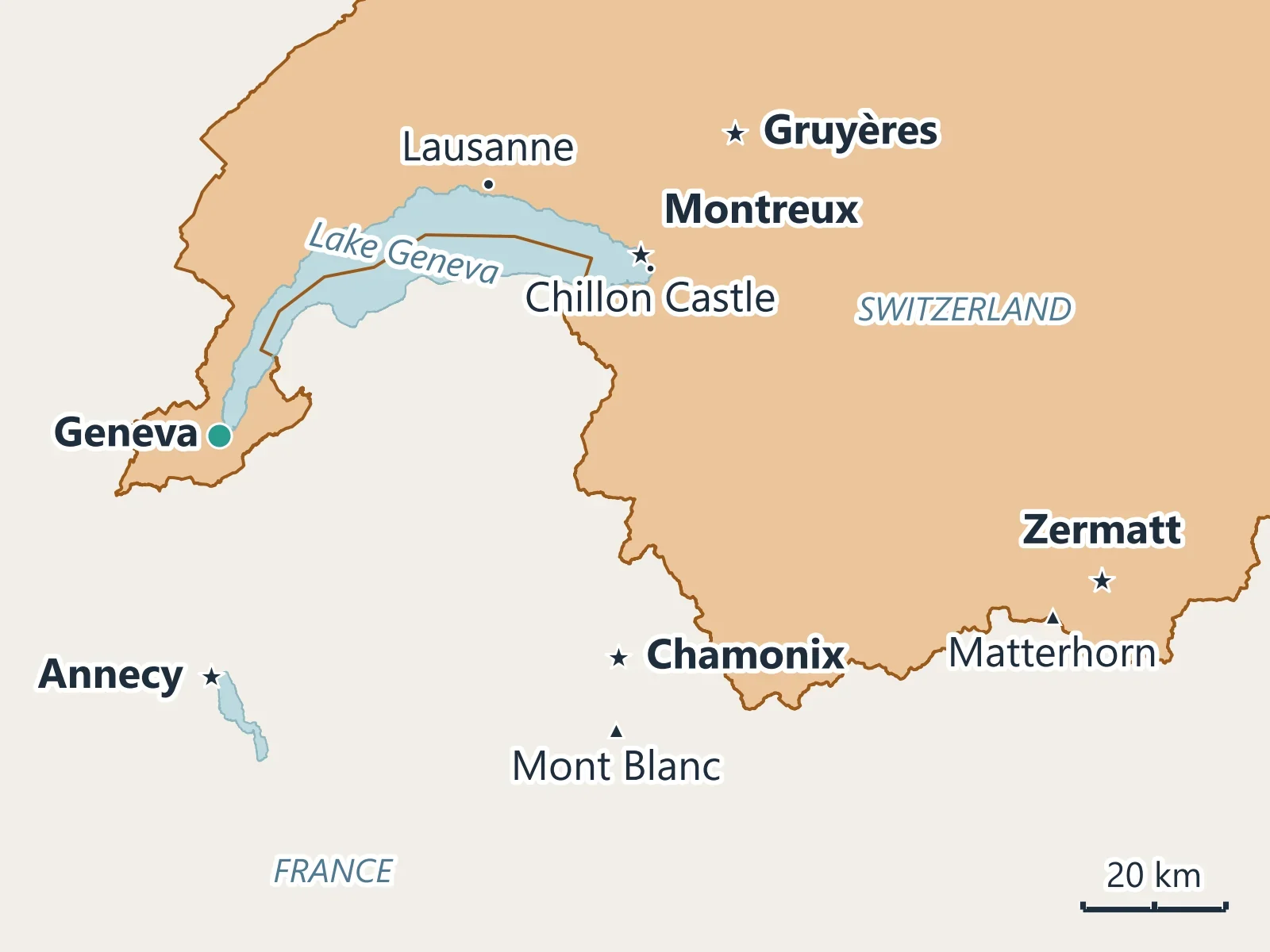 Map of Lake Geneva and the Alps around it, marking Geneva, Lausanne, Montreux, Chillon Castle, Gruyères, Annecy, Chamonix, Mont Blanc, Zermatt and the Matterhorn