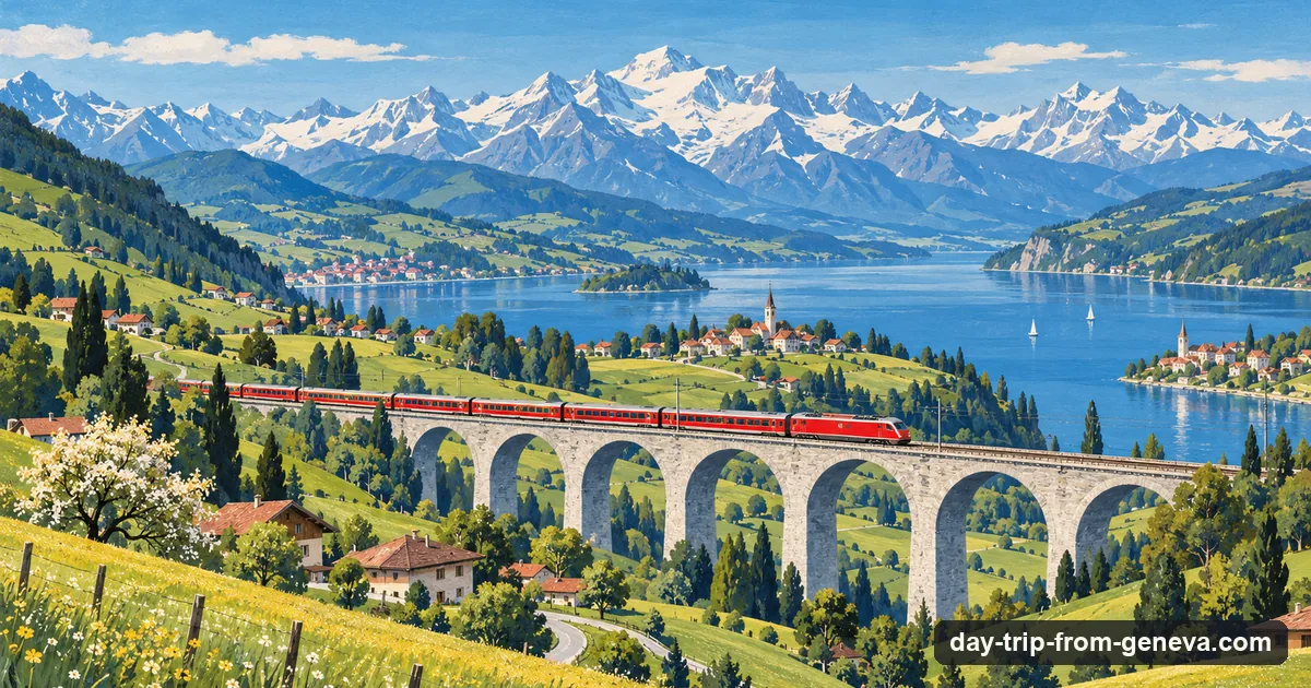 Illustration: a red train crossing a stone viaduct over green hills between two lakes, with the Alps on the horizon