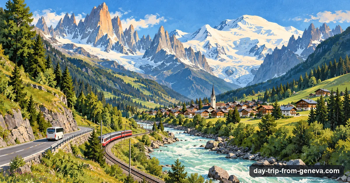 Illustration: a road and a railway up a green alpine valley to a chalet town beneath granite needles and the white dome of Mont Blanc