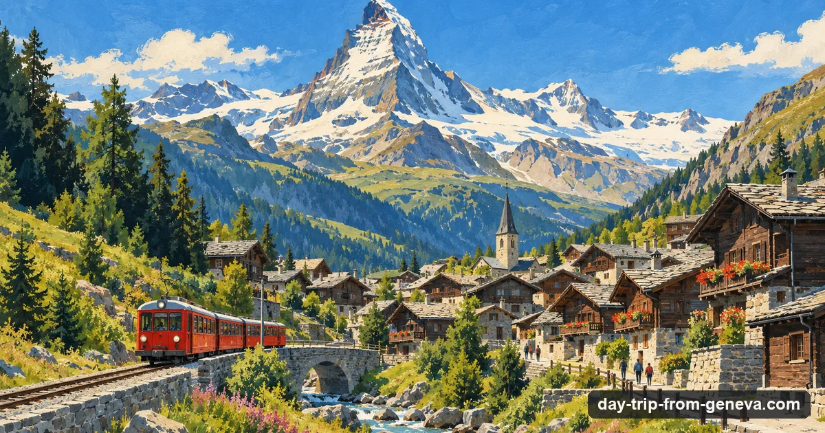 Illustration: a small red mountain train arriving in a village of dark wooden chalets, with the pyramid of the Matterhorn above