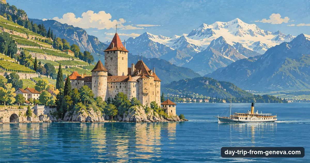 Illustration: Chillon Castle on its rock at the edge of Lake Geneva, with terraced vineyards above and a paddle steamer on the lake
